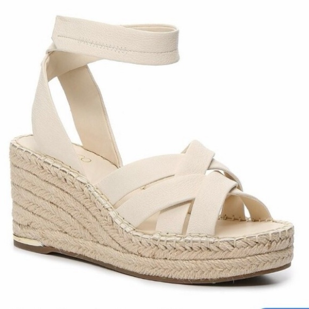 NWOT FRANCO SARTO CARMINA ESPADRILLE WEDGE BUCKLE UP SANDAL LEATHER CREAM